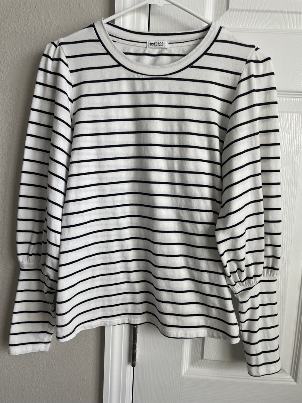 LA Made Black & White Striped Puff-Sleeve Long Sleeve Tee